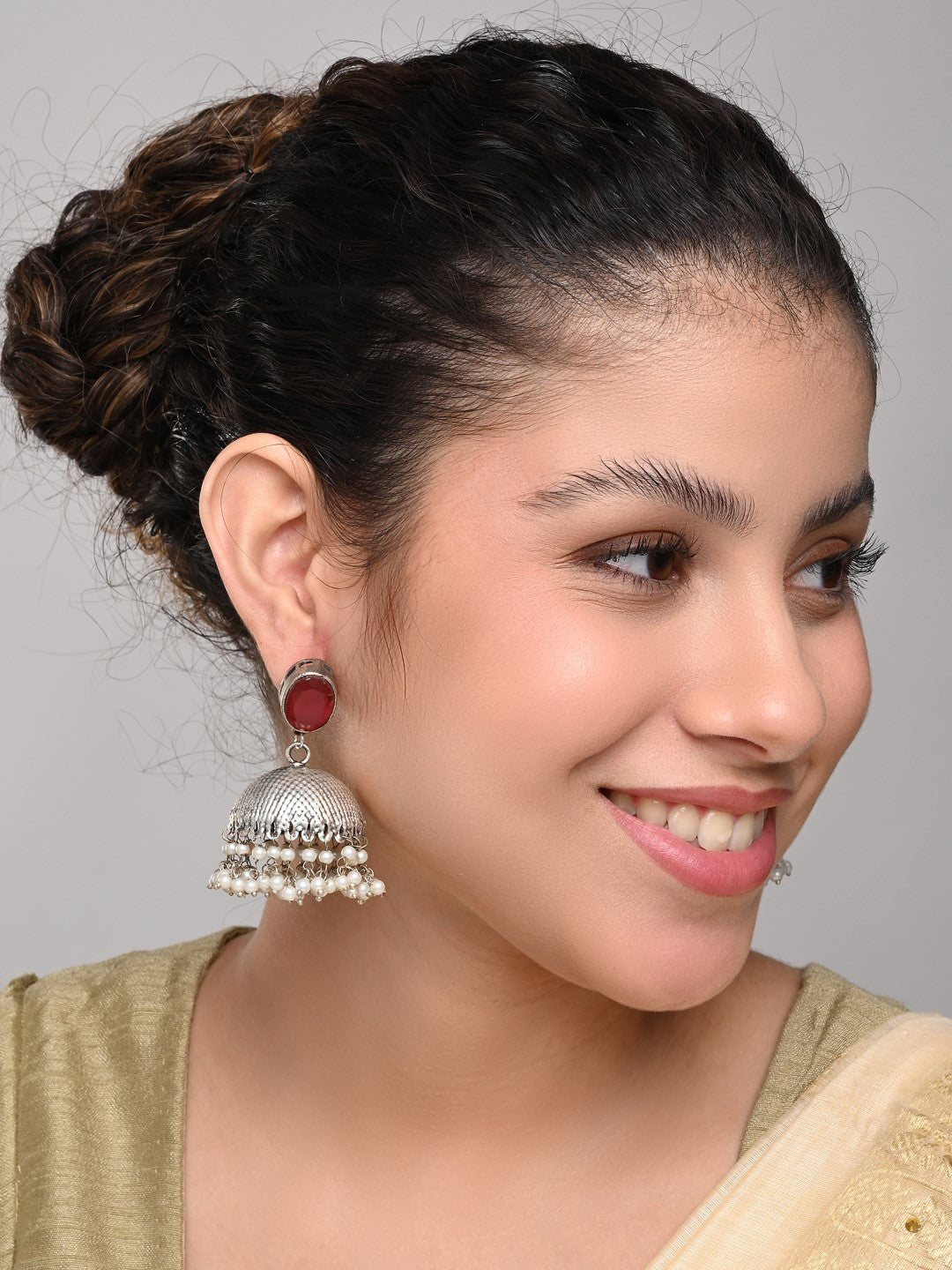 Elegant Silver Oxidised Red Stone Jhumka