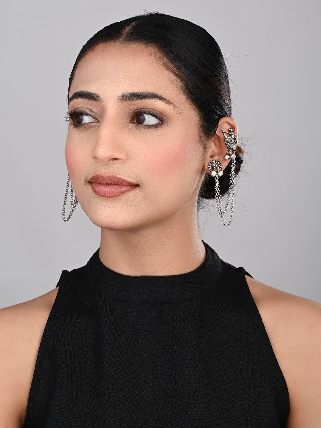 Oxidised Silver Dancing girl Ear Cuff with Chains