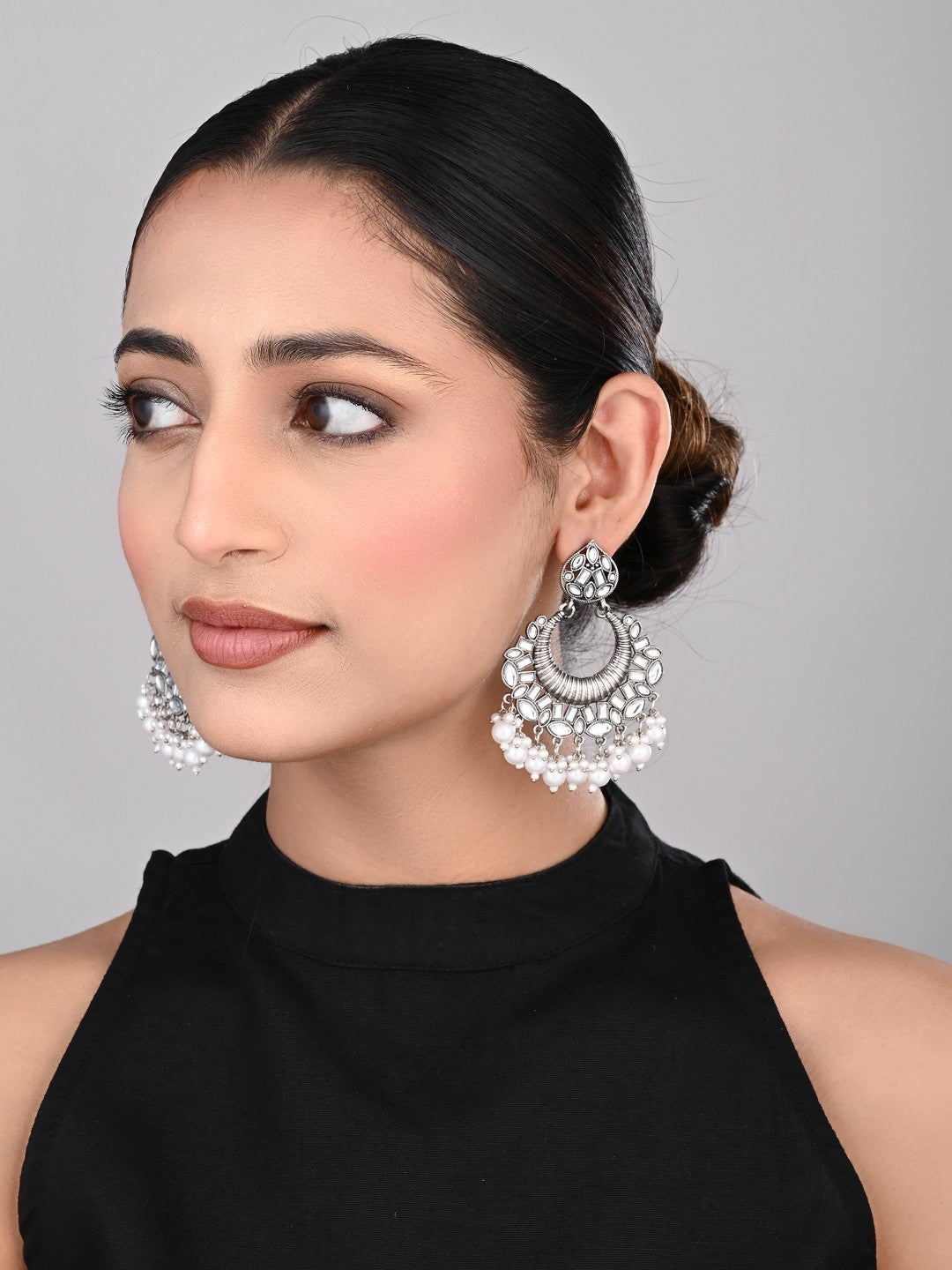 Silver plated Chandbali with pearl drops
