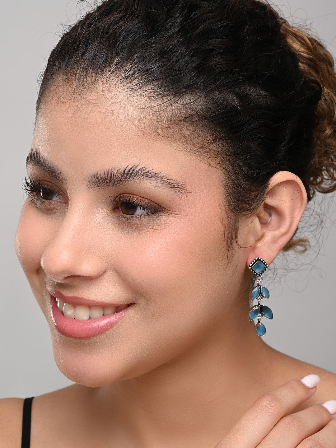 Silver Oxidized Leaf Drop Earrings Blue