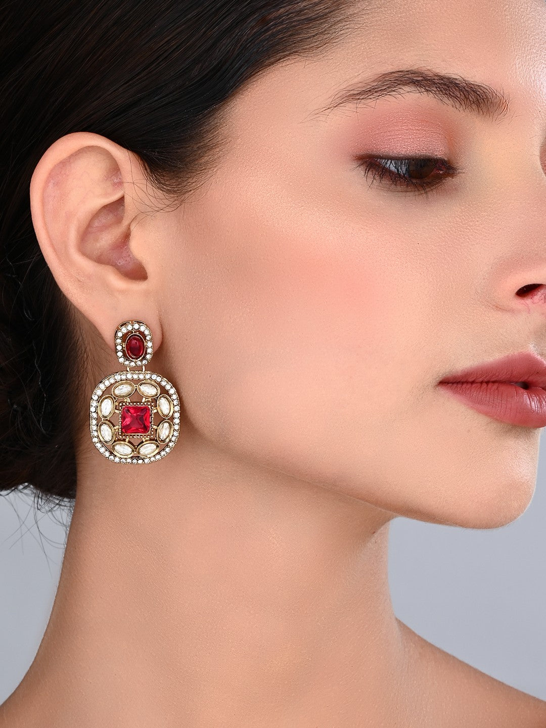 Kundan & Stone Embellished Statement Earrings Red