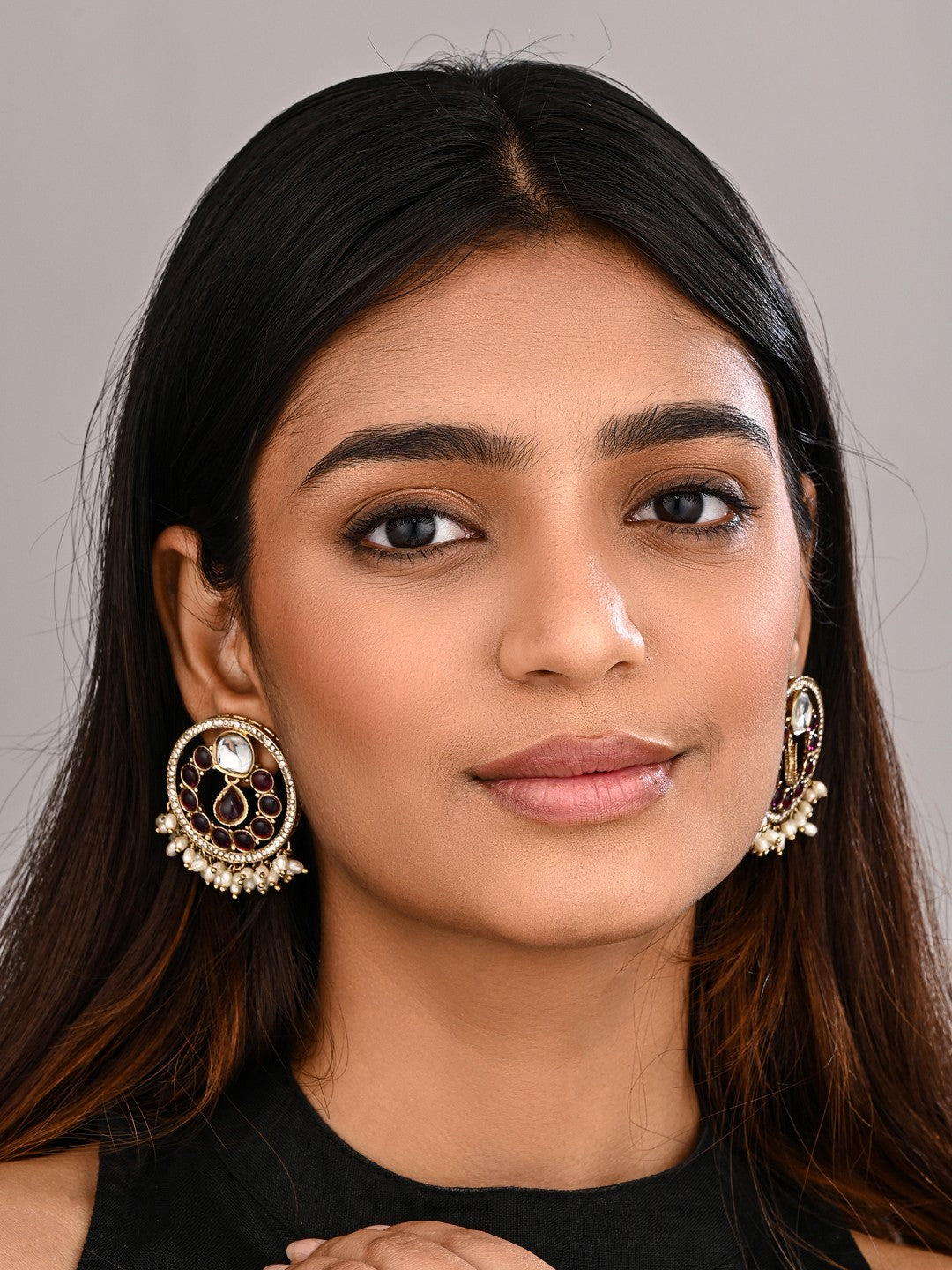Regal Kundan Pearl Chandbali Earrings - Wine