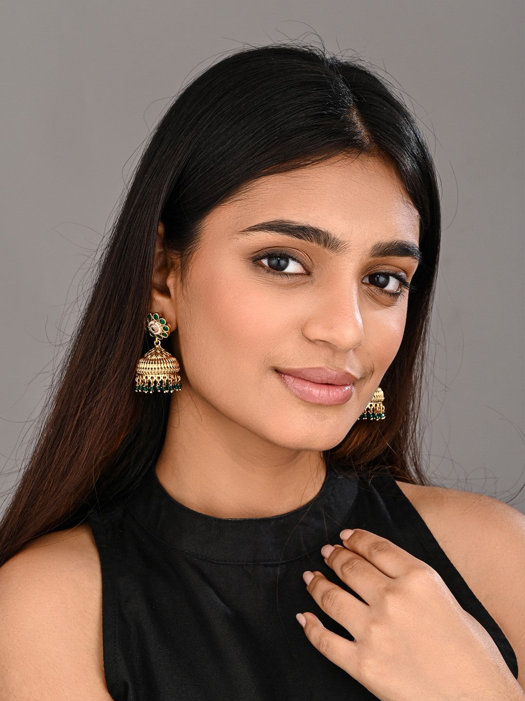 Emerald Bloom Copper Jhumka Earrings