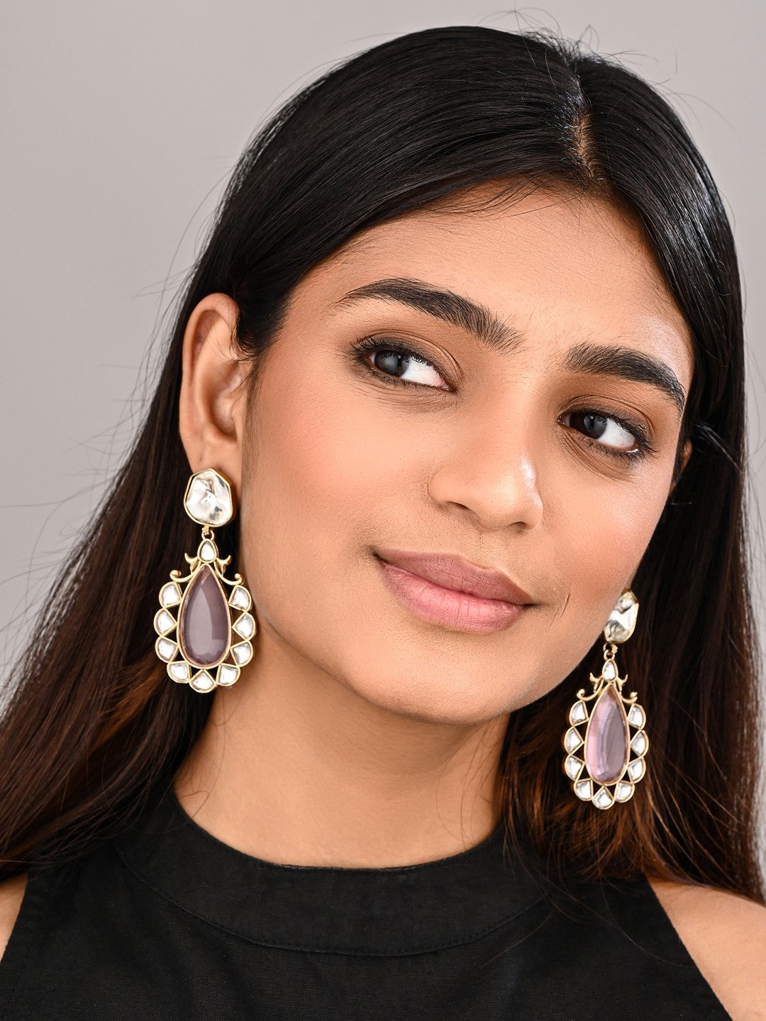 Gold-Plated Pink Kundan Teardrop Earrings for Women