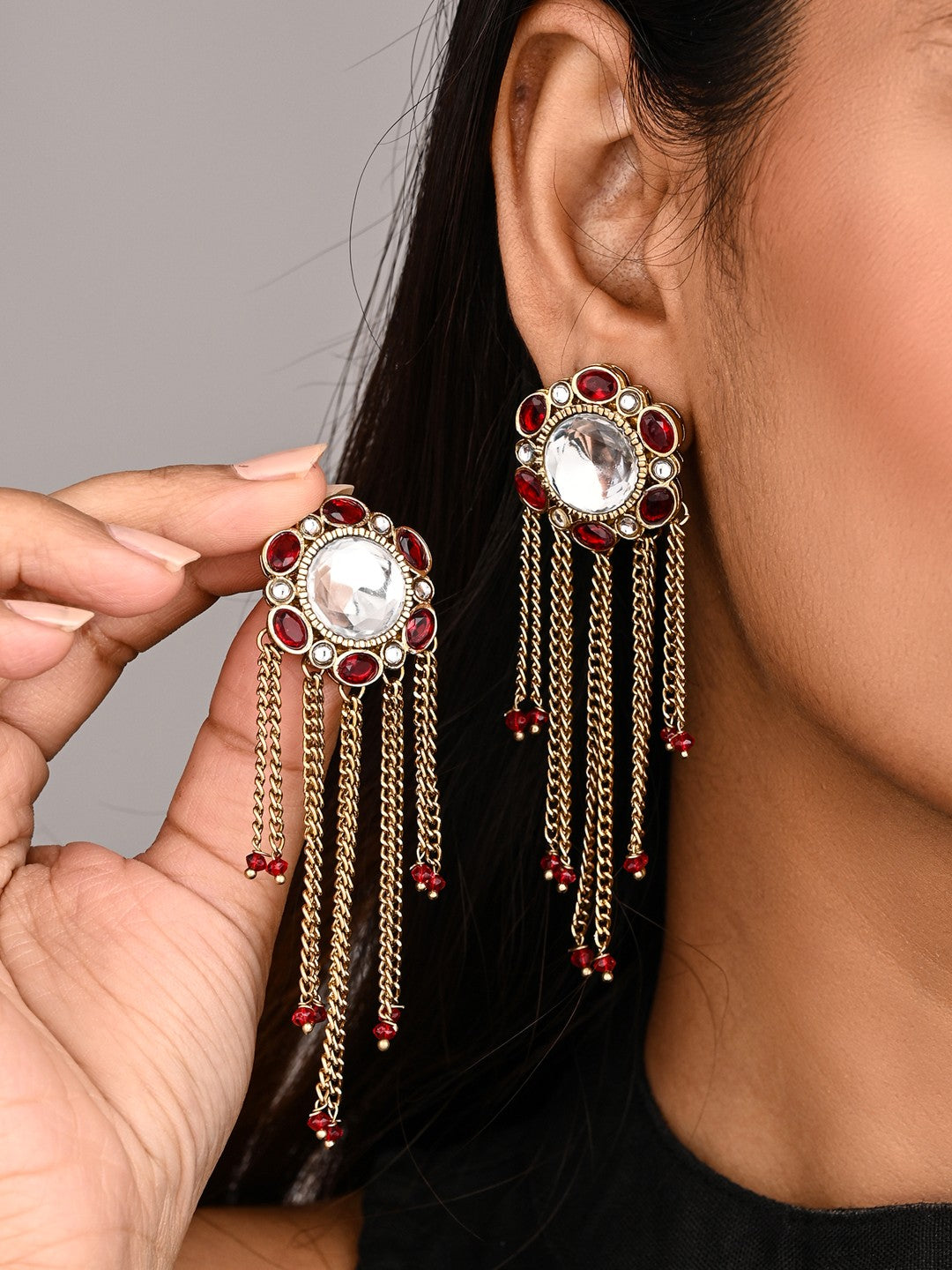 Kundan Tassel Drop Earrings - Red