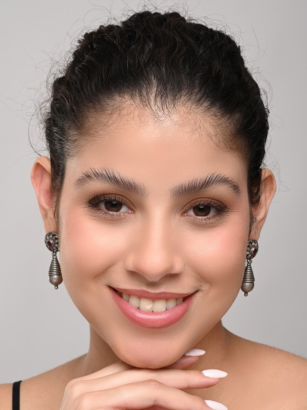 Oxidized Sun Motif Ruby Drop Earrings