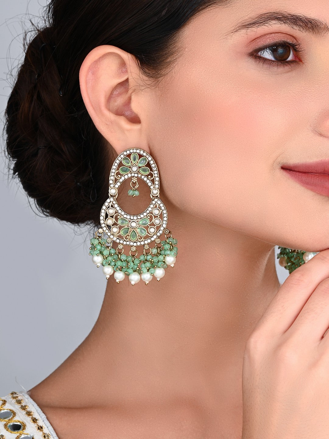 Gold-Toned Kundan Drop Earrings with Mint Green Bead Fringe