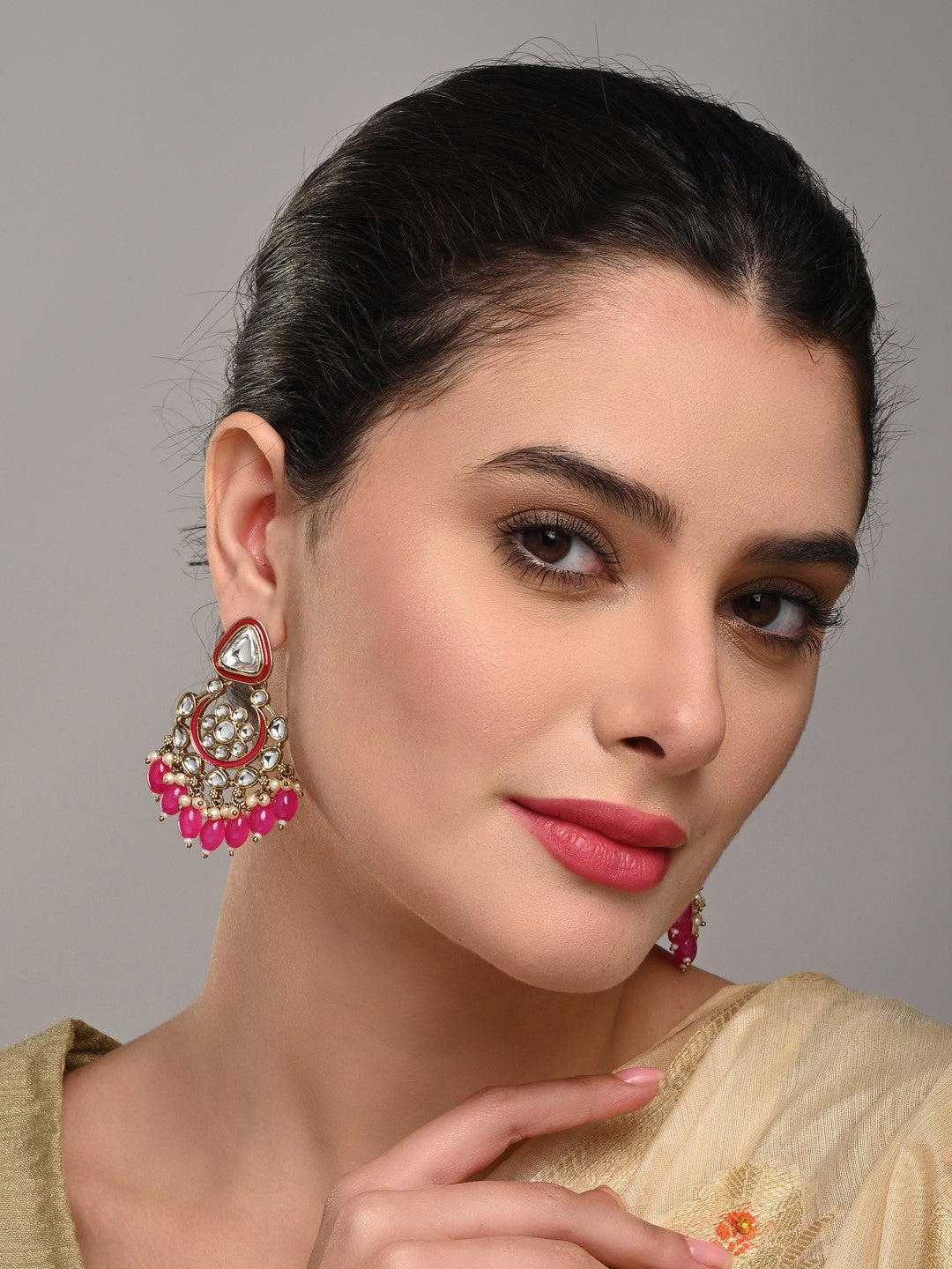 Gold plated kundan & Meenakari Chandbali Earring Pink