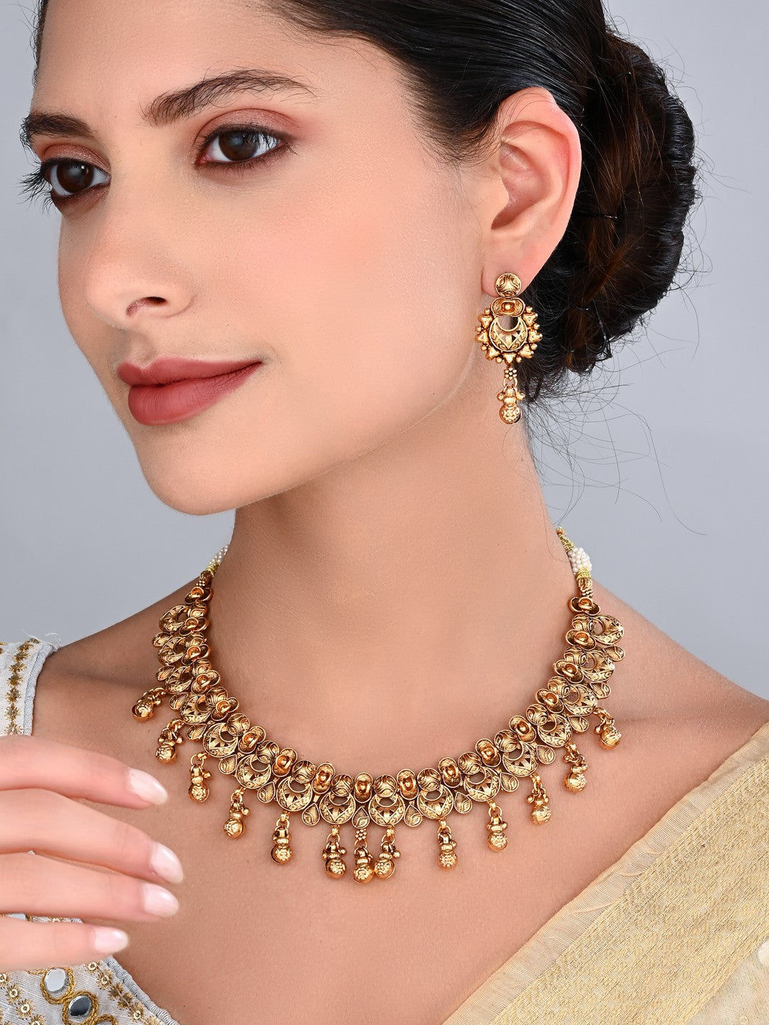 Royal Gold-Tone Pearl Drop Necklace & Earrings Set