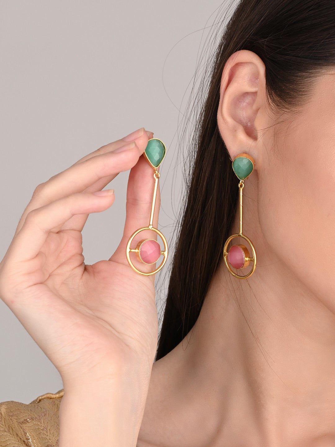Gold plated coloured stone drop earring