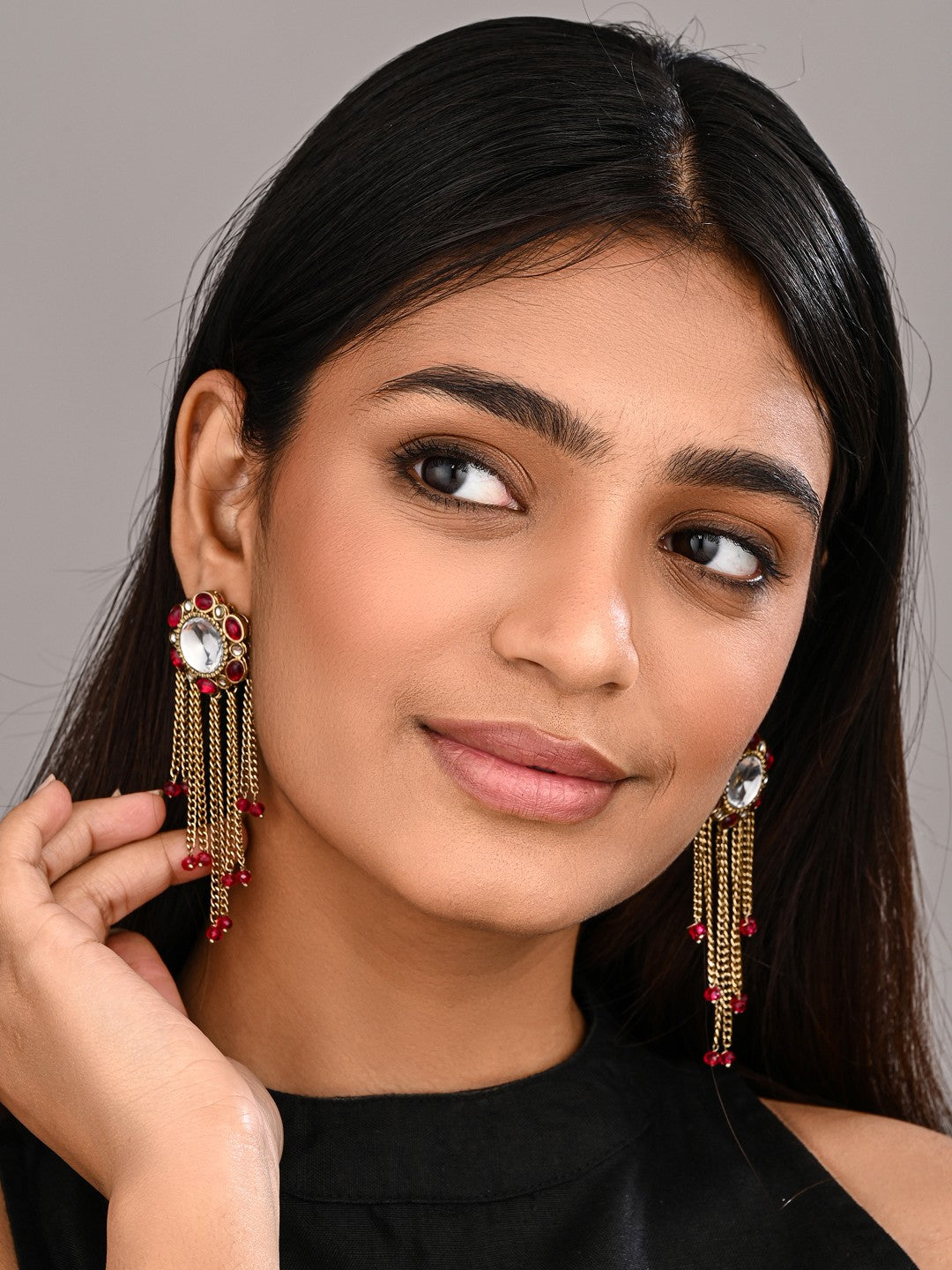 Kundan Tassel Drop Earrings - Pink