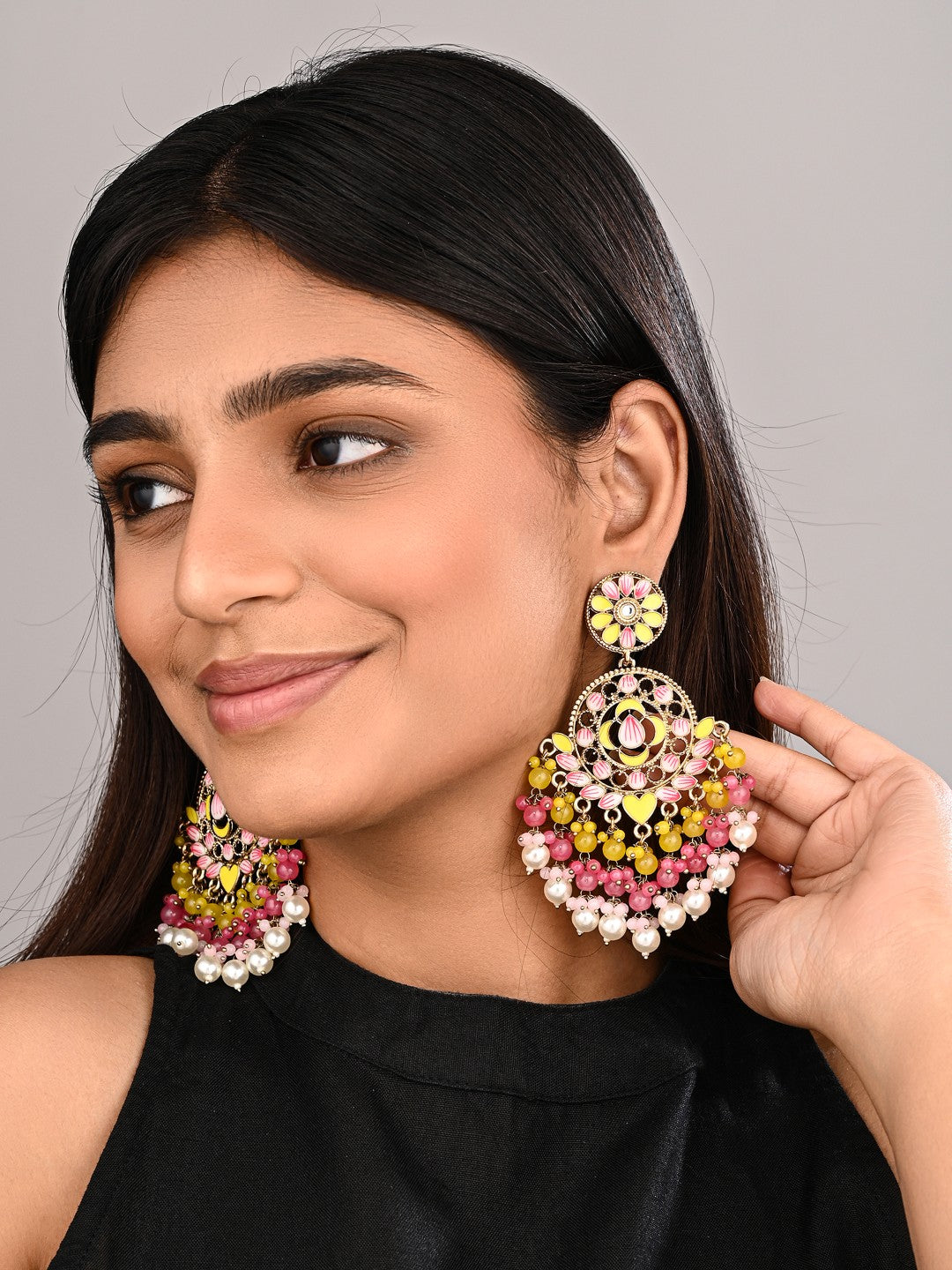 Vibrant Yellow & Pink Chandelier Pearl Drop Earrings