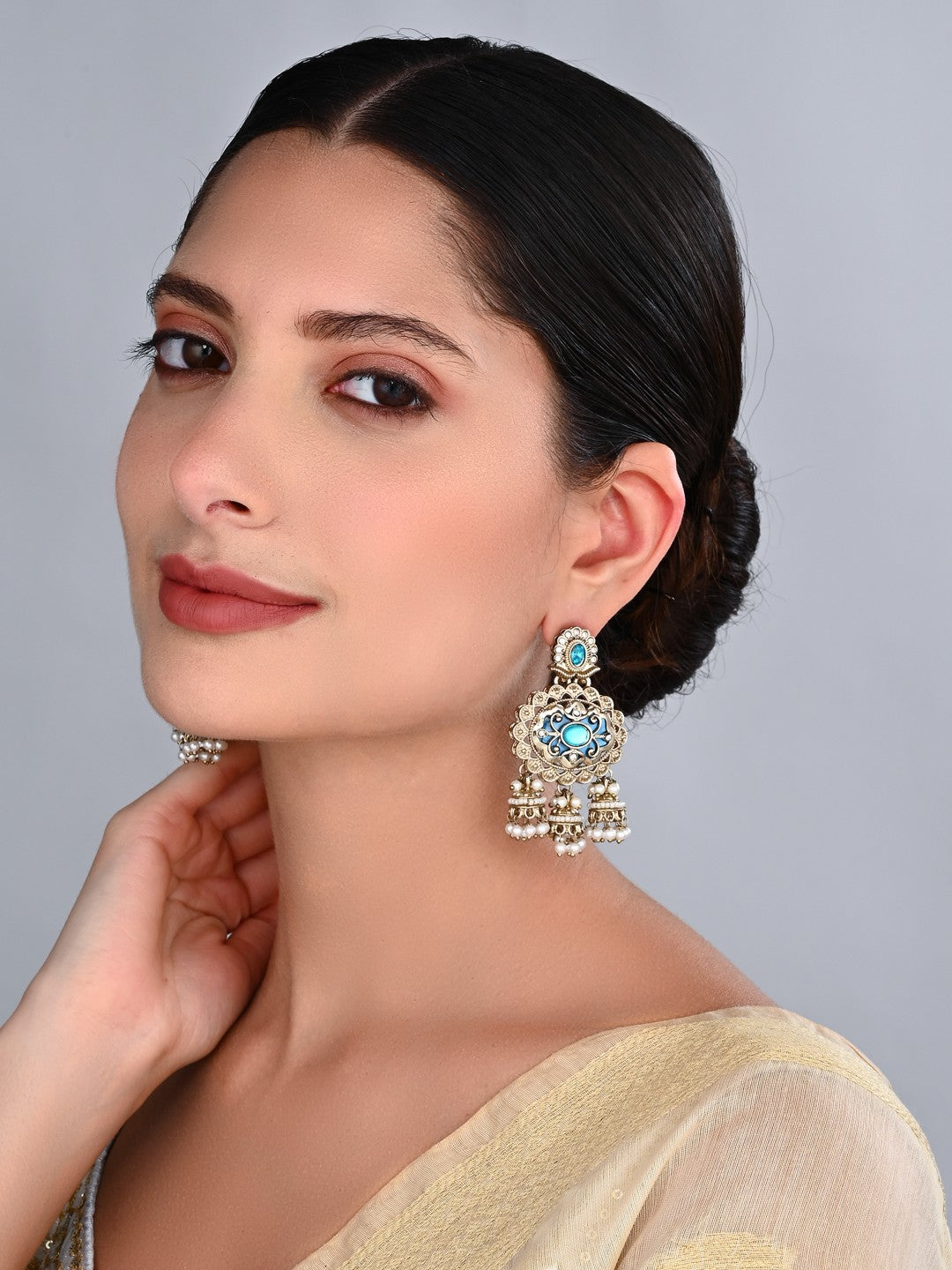 Gold-Toned Kundan Chandelier Earrings with Turquoise Stones