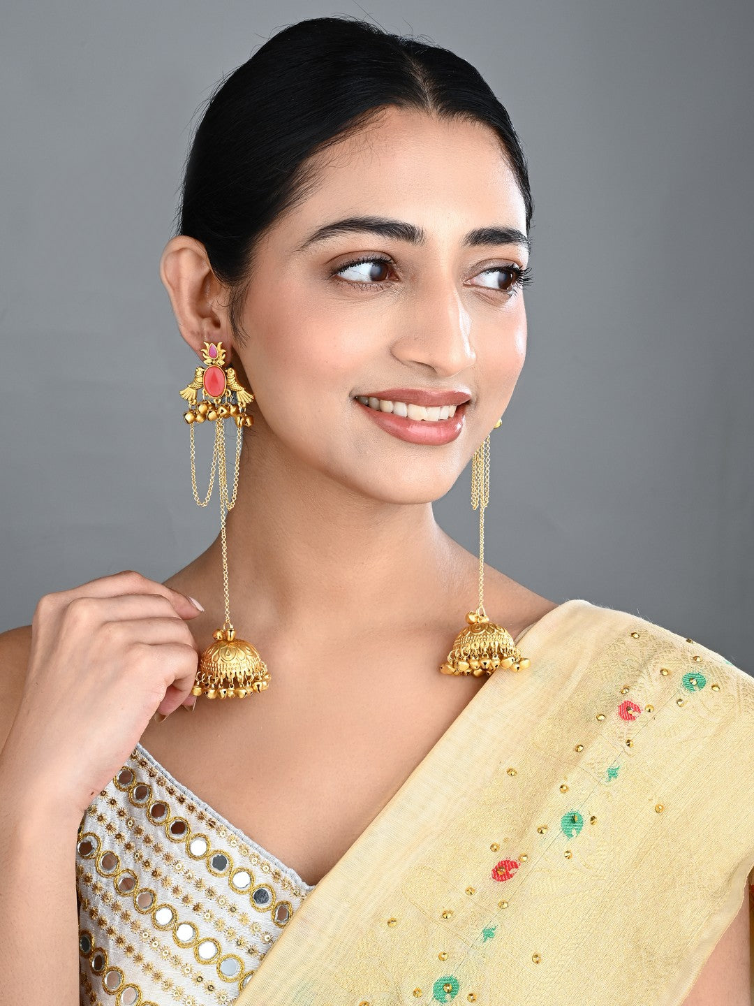 ruby Red Temple Jhumka Earrings with Chain Tassels