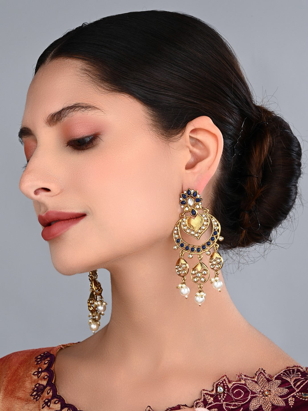 Anaiah Blue Kundan Chandbali Earrings with Pearl Drops