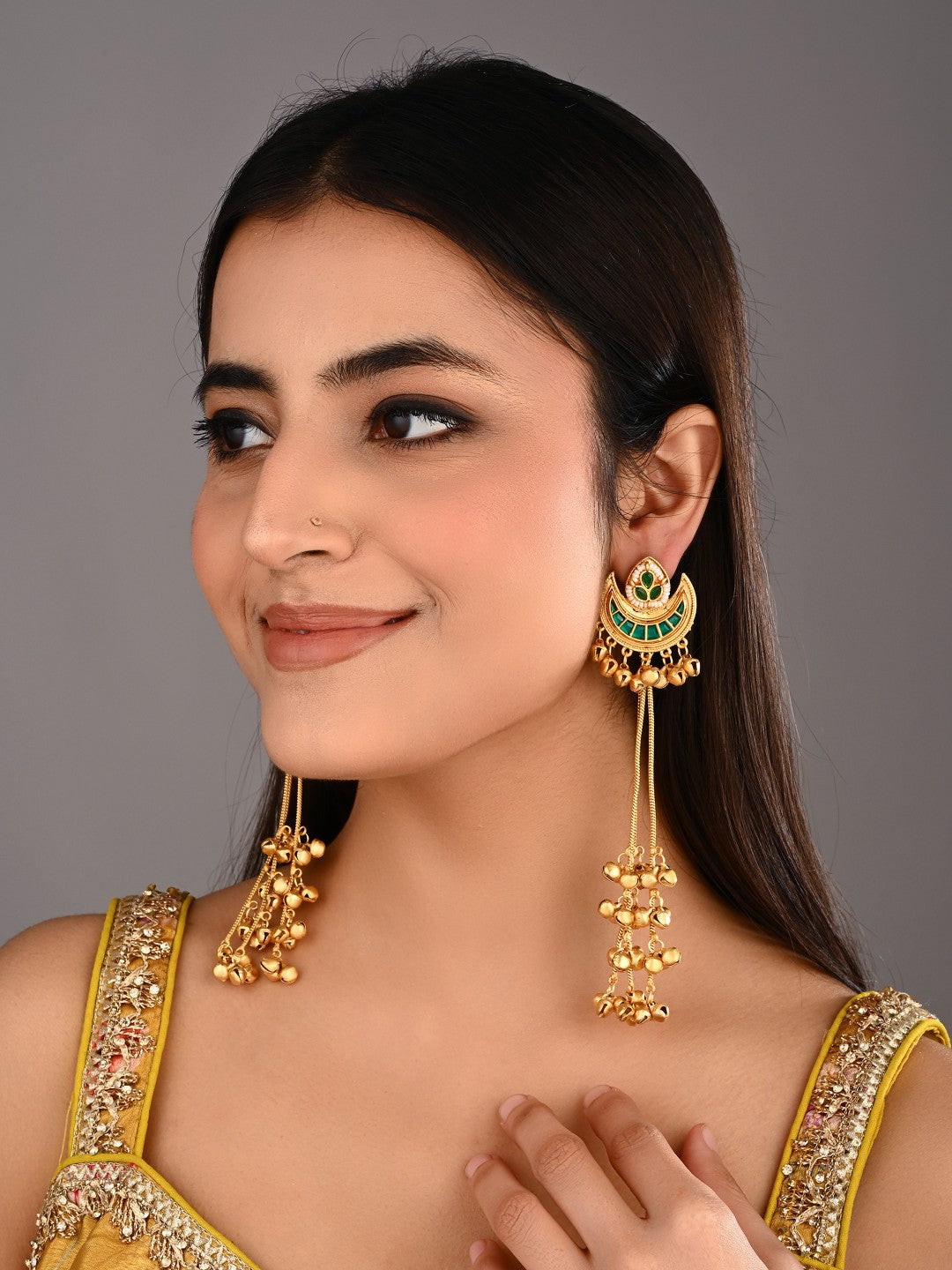Emerald Crescent Moon Jhumka Earrings