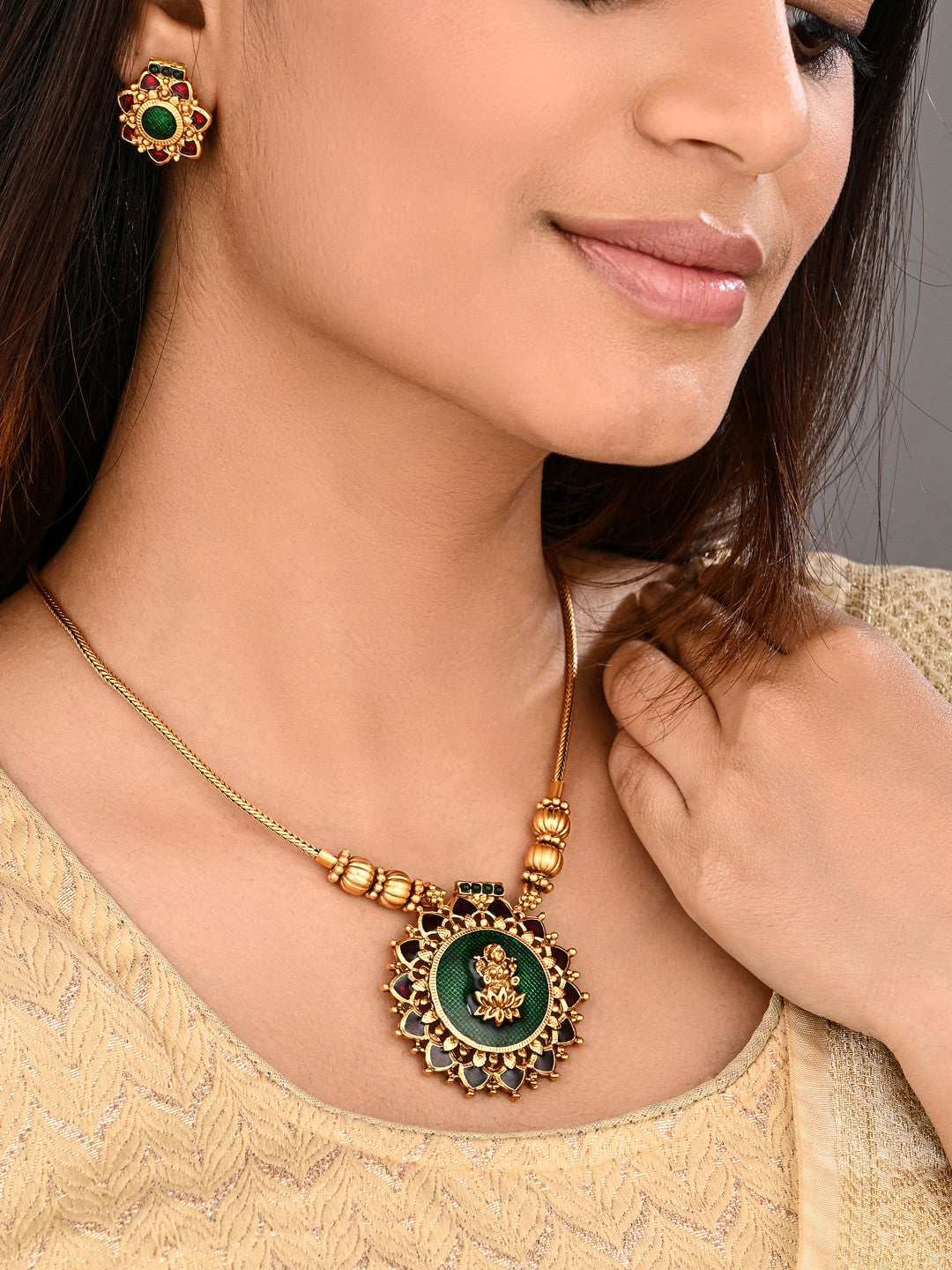 Antique Gold Goddess Motif Temple Necklace Set Green