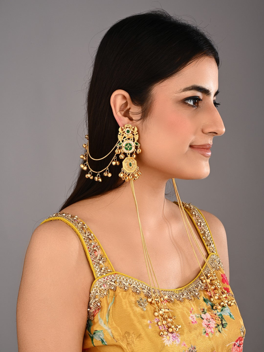 Gold-Tone Kundan & Green Stone Kashmiri Long Chain Earrings