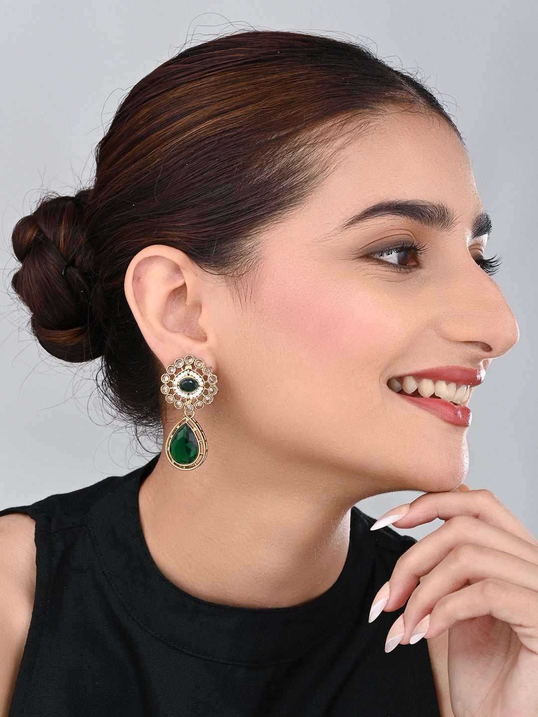 Gold plated Flower Stud with tear drop earring - Green