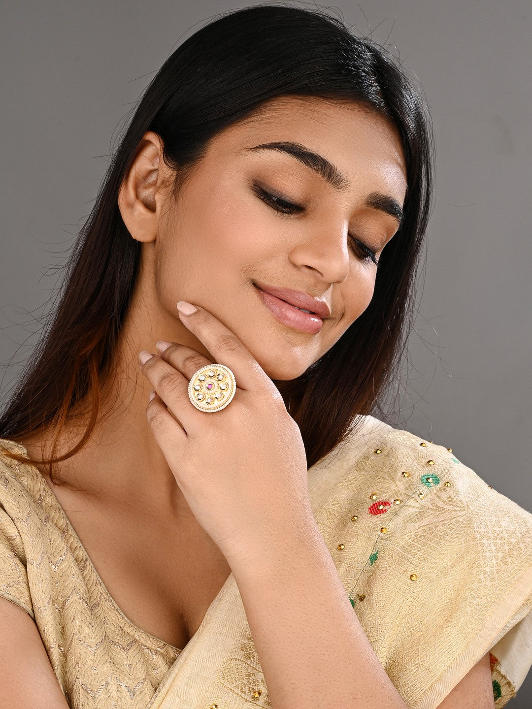 Brass Kundan Floral Pearl-Edge Ring