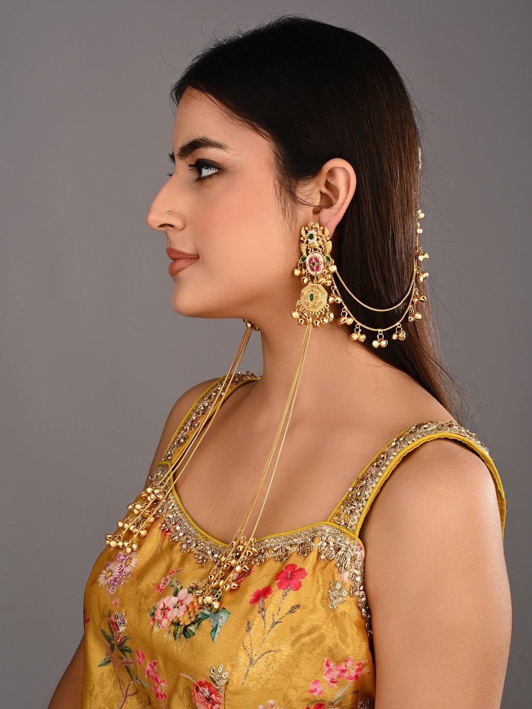 Gold-Tone Kundan &Green & Red Stone Kashmiri Long Chain Earrings