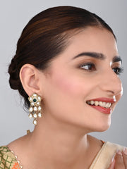 Gold plated Kundan flower drop Earrings - Grn