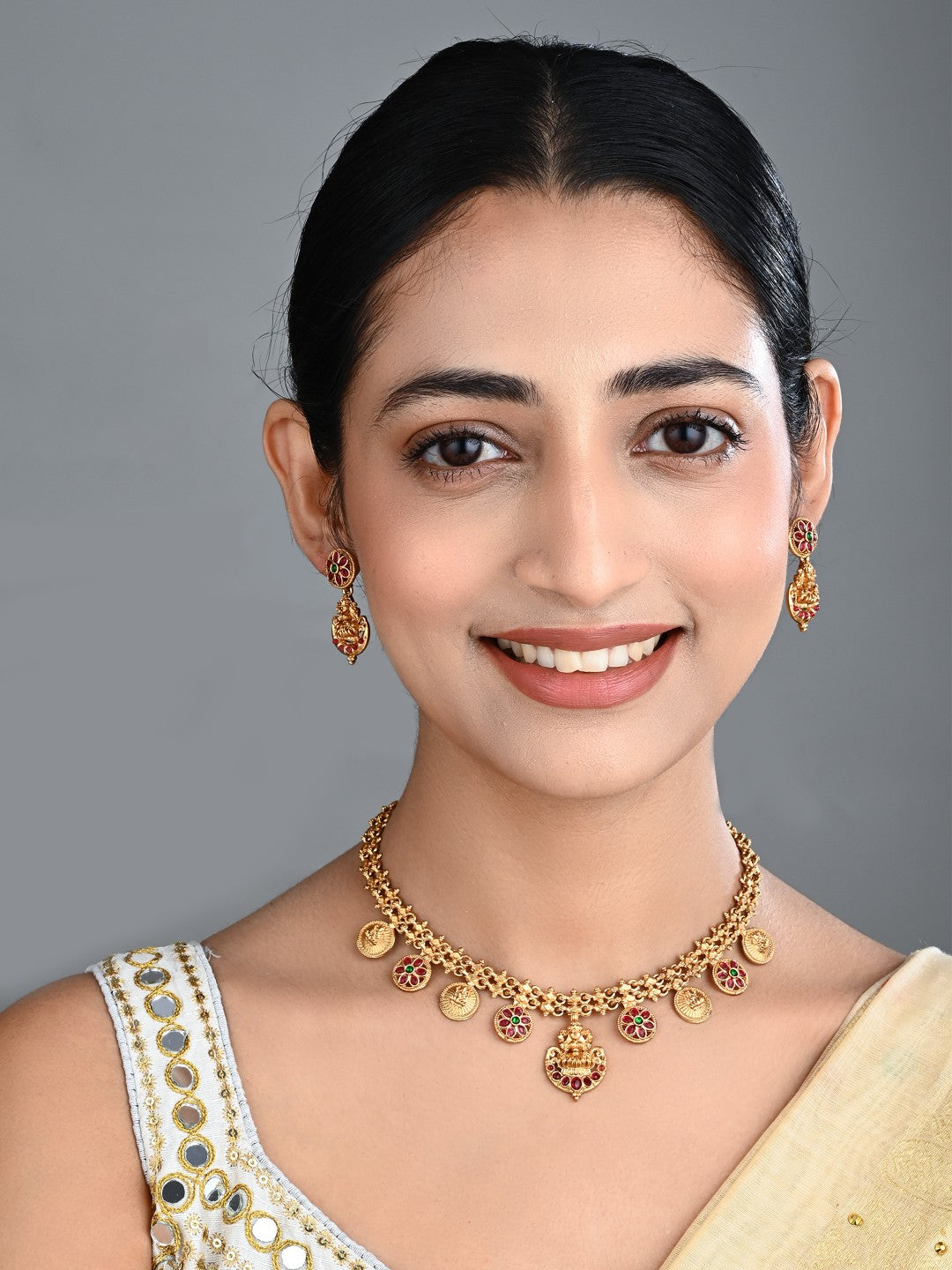 Antique Gold Floral Coin Necklace Set with Kundan Jhumka Earrings