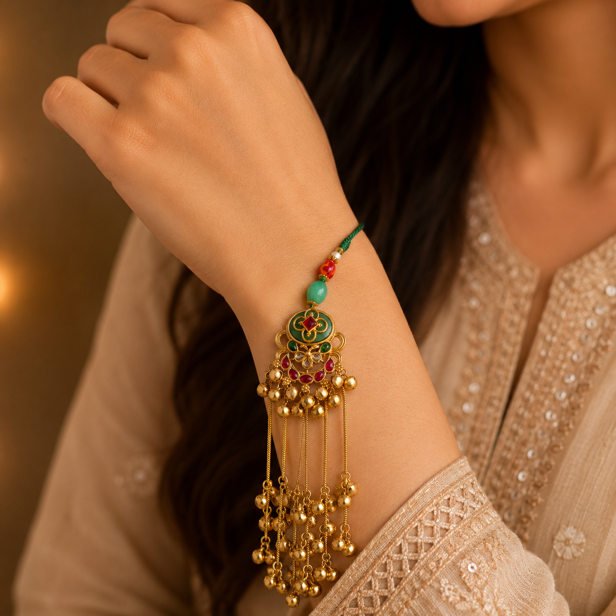 Emerald Green Bhaiya Bhabhi Rakhi Set – Traditional Lumba & Designer Rakhi Combo