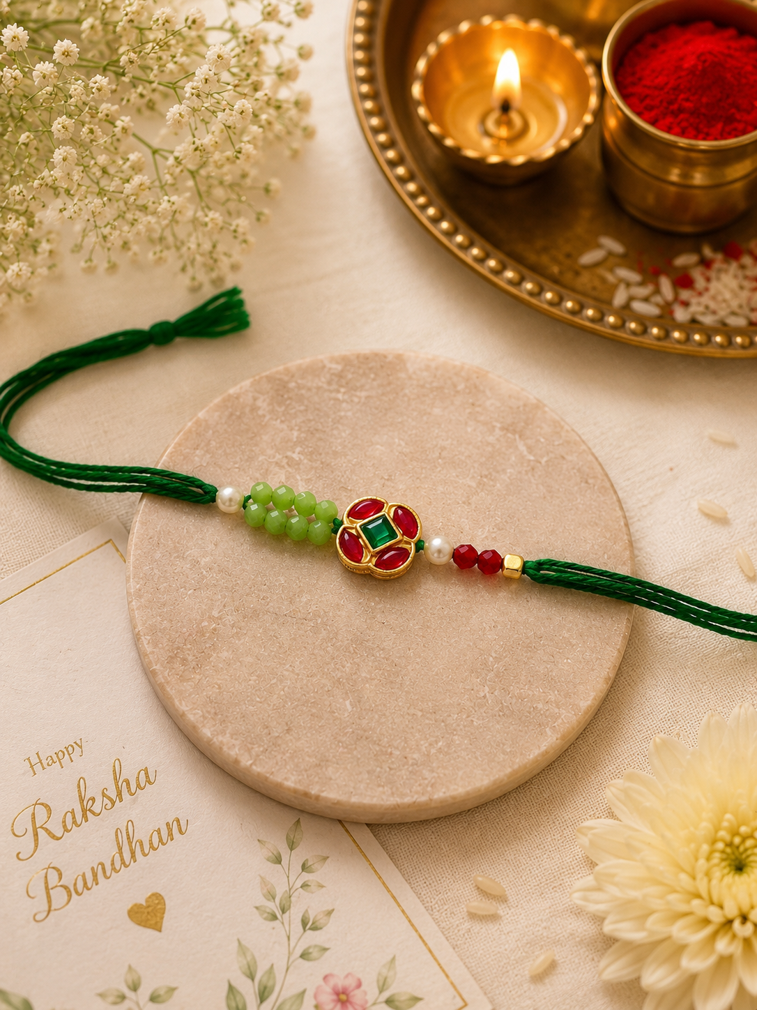 Blue Floral & Green Kundan Rakhi Combo