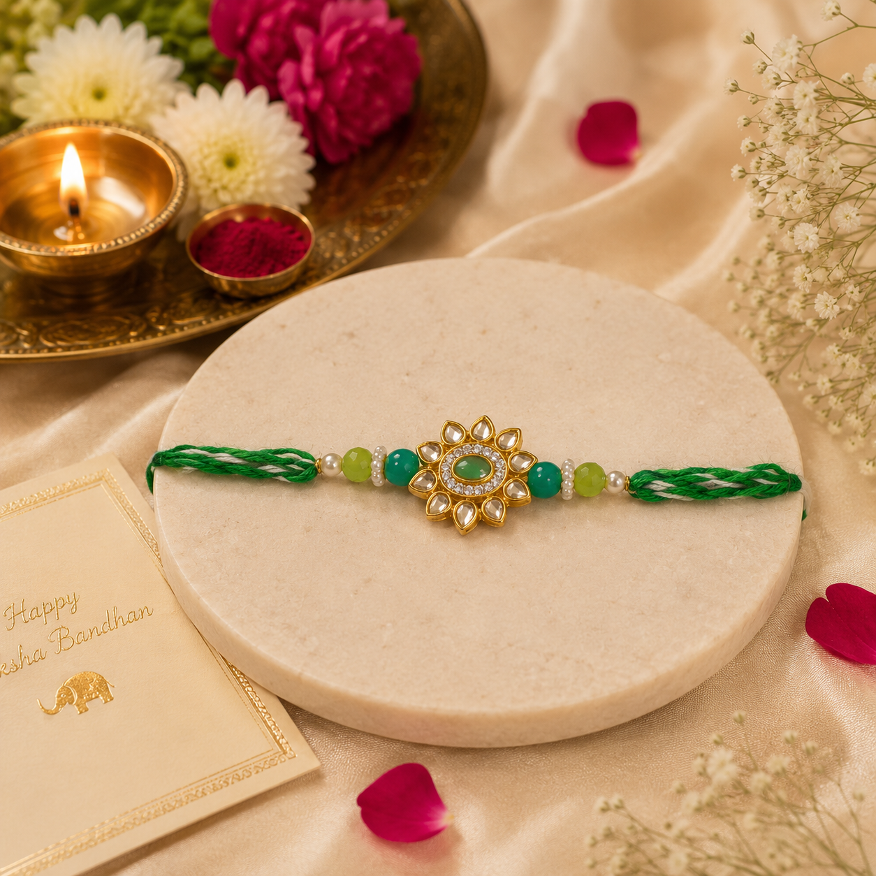 Emerald Sunflower Handmade Rakhi with Kundan Petals & Pearl Accents