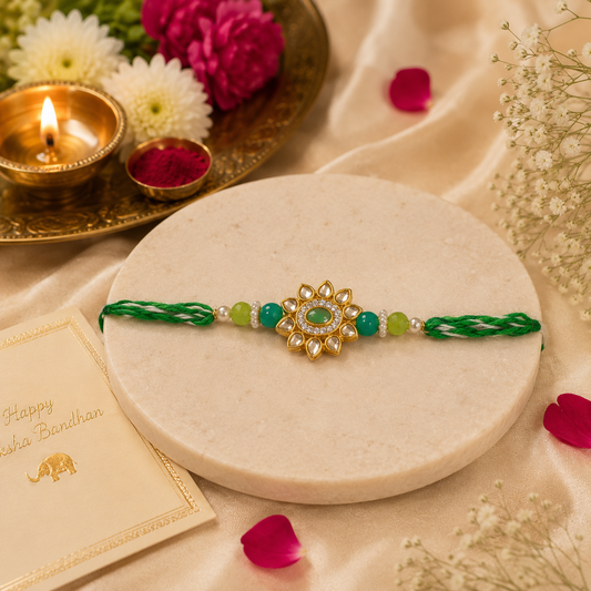 Emerald Sunflower Handmade Rakhi with Kundan Petals & Pearl Accents