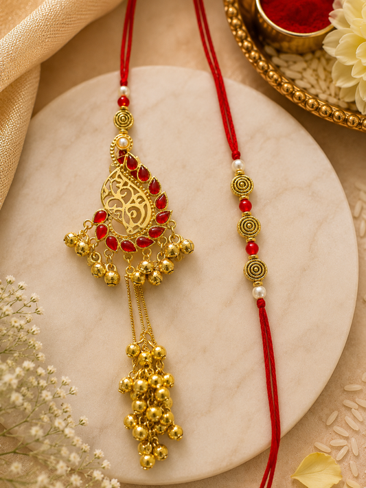 Om Bhaiya Bhabhi Rakhi Set – Red Kundan Lumba & Traditional Designer Rakhi Combo