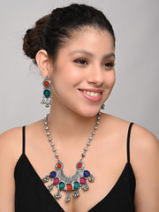 Silver Oxydised finish Crescent Pendant necklace set