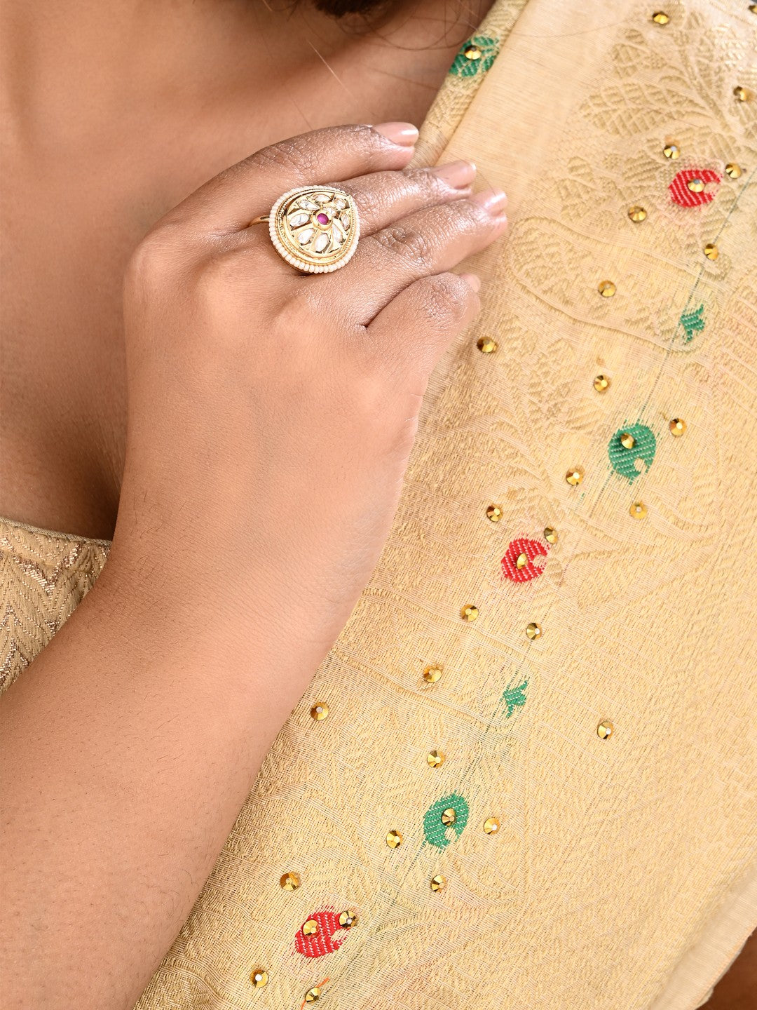 Teardrop Kundan Floral Pearl Brass Ring