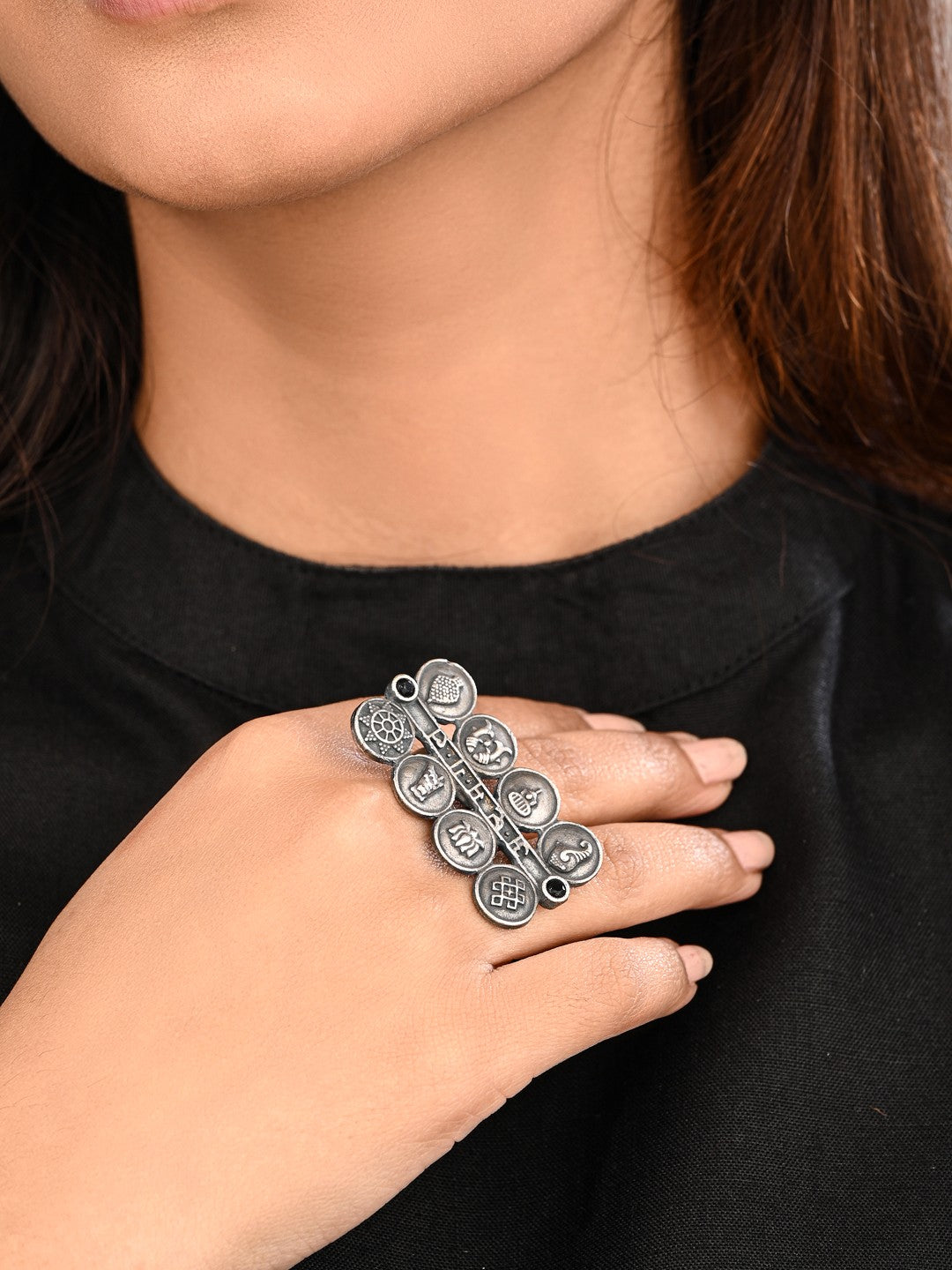 Ashtamangala Oxidized Brass Ring