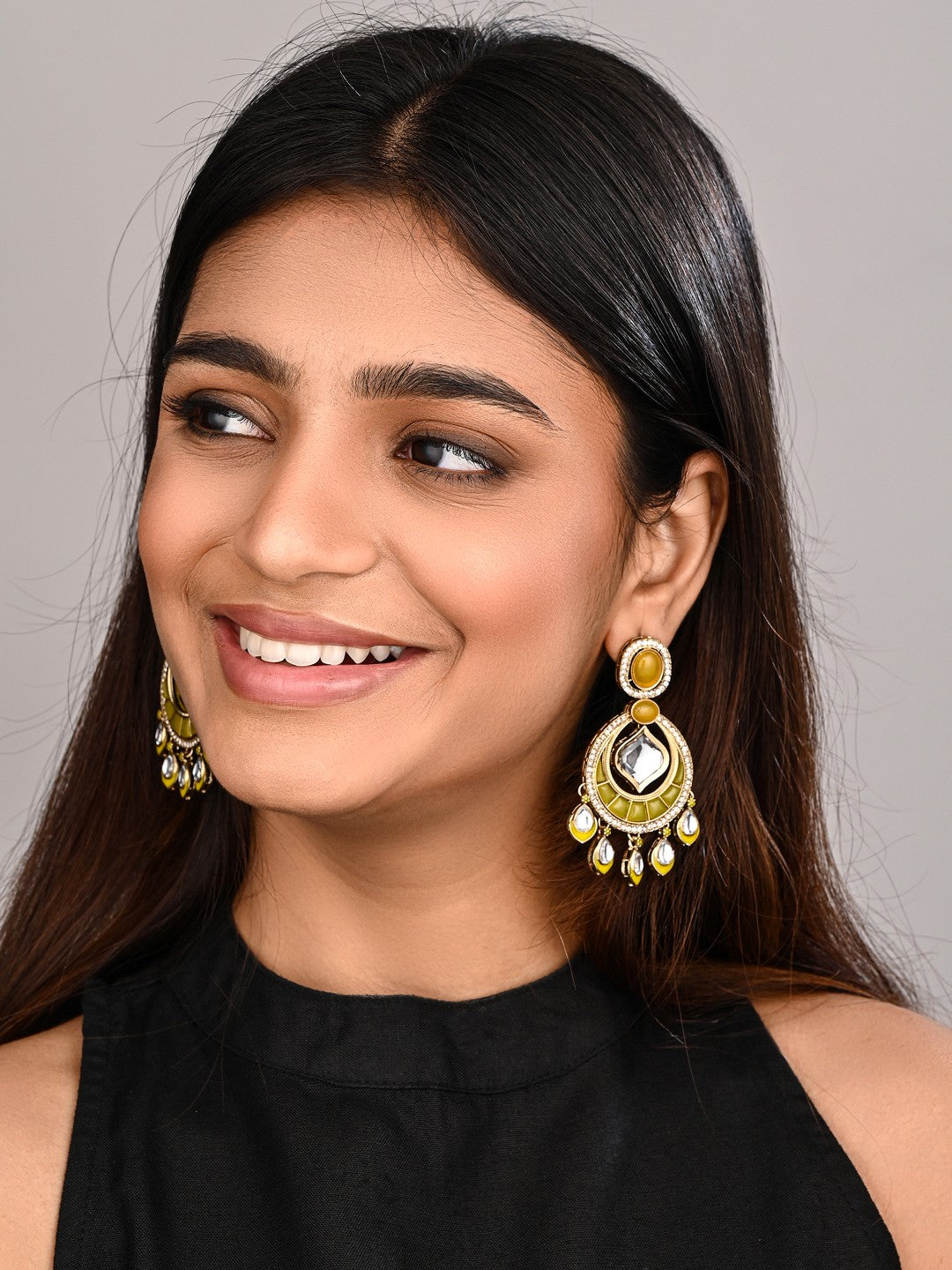 Kundan Chandbali Earrings with Teardrop Danglers- Yellow