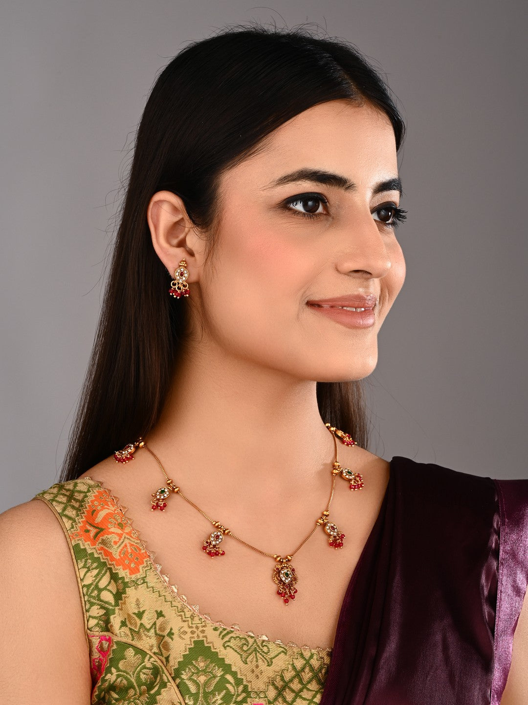 Ruby Emerald Filigree Necklace Earrings Set