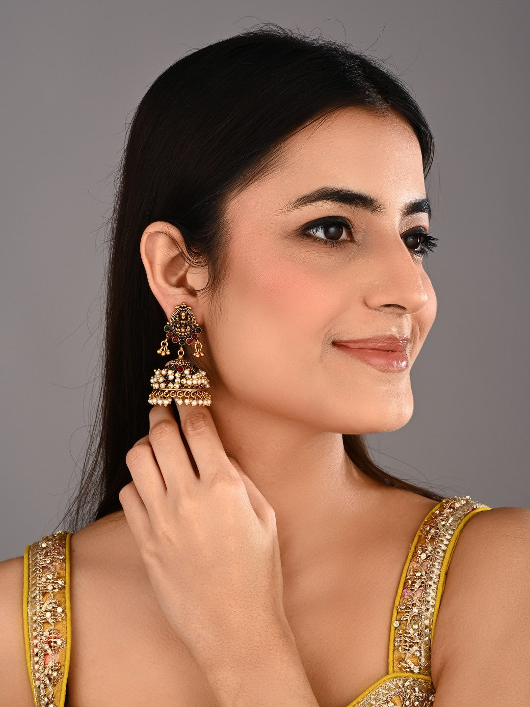 Gold Plated Red & green stone Jhumka Earring