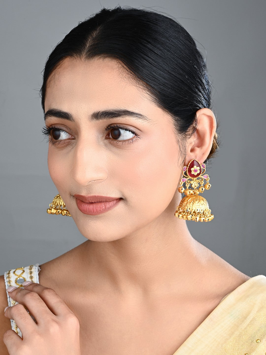 Ruby Temple Jhumka Earrings with Ghungroo Drops