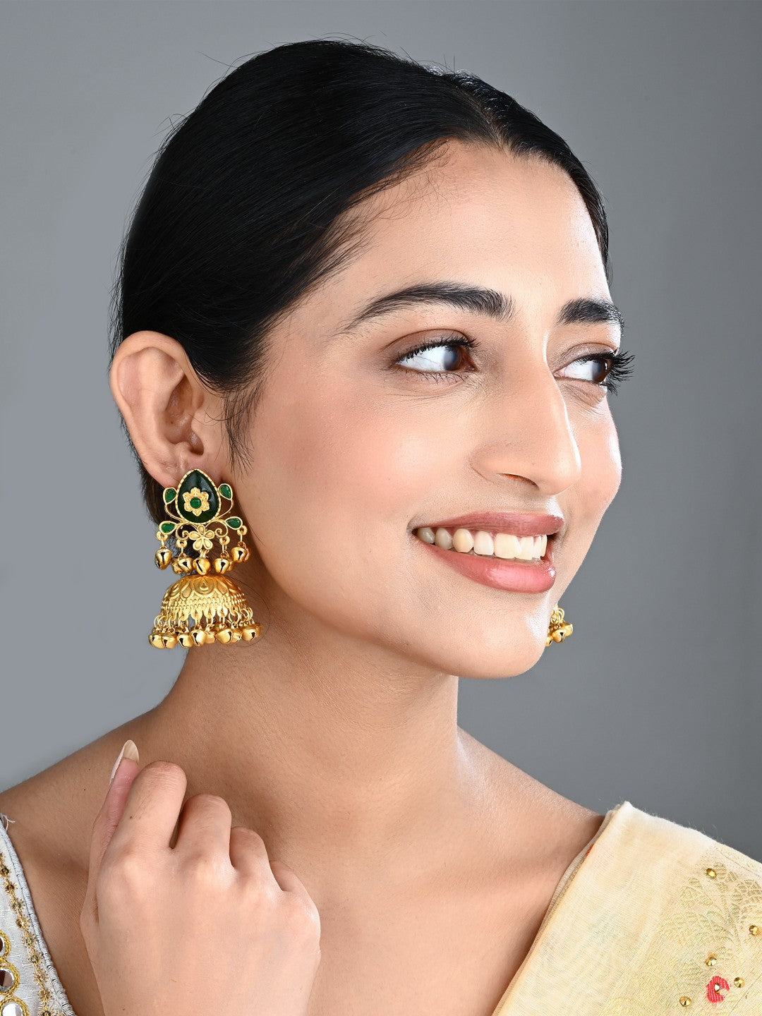 Emerald Temple Jhumka Earrings with Ghungroo Drops