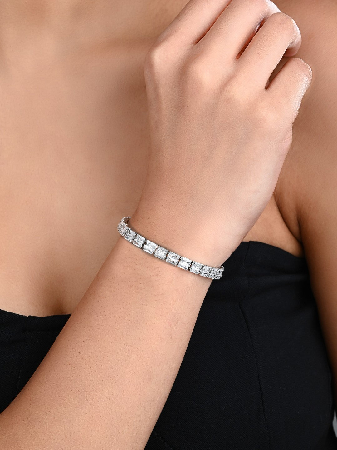 Elegant Silver-Tone CZ Tennis Bangle Bracelet double line