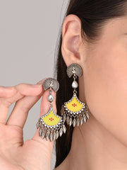 Silver Oxidised finish yellow hand painted drop earring