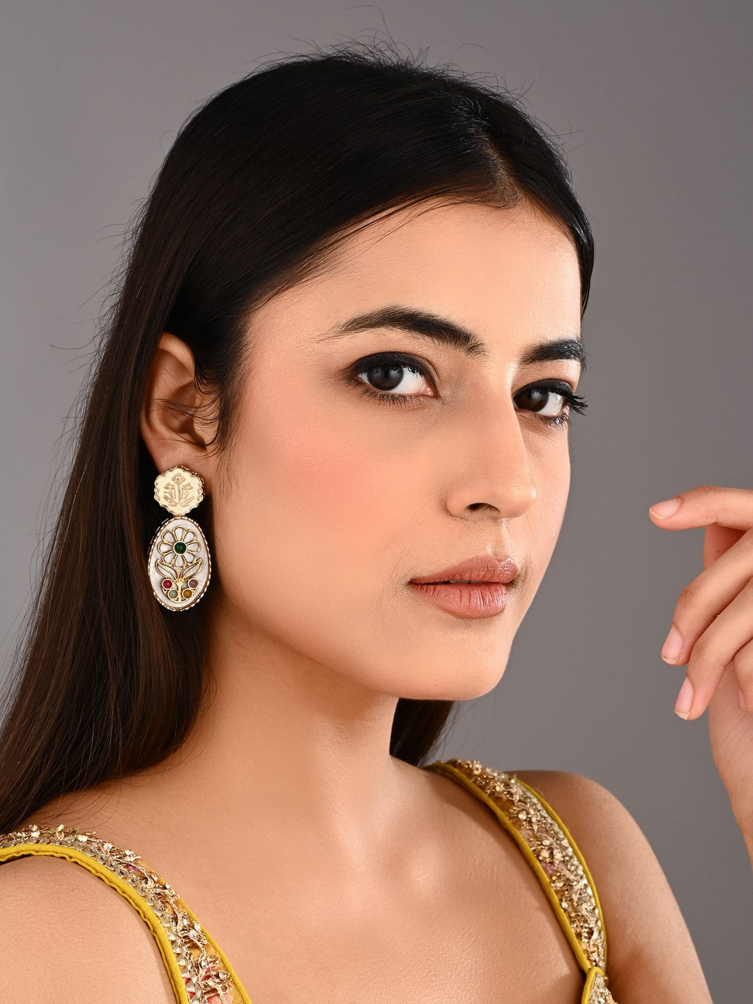 MOP Meenakari Floral Drop Earrings - Green
