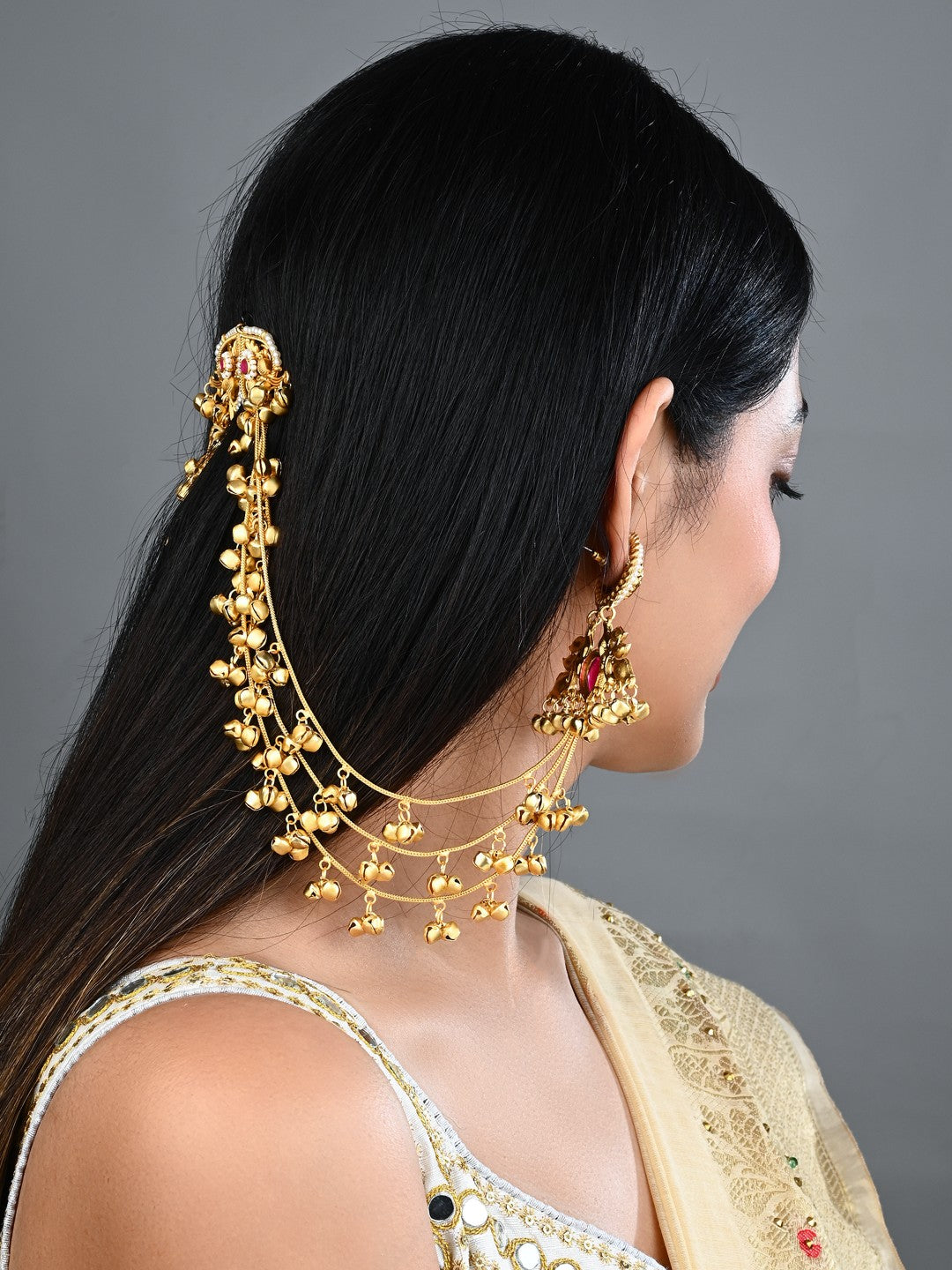 Gold plated Studs Earring with Ear chains Red