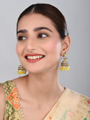 Gold plated Kundan & Meenakari Jhumka Earrings - Yellow
