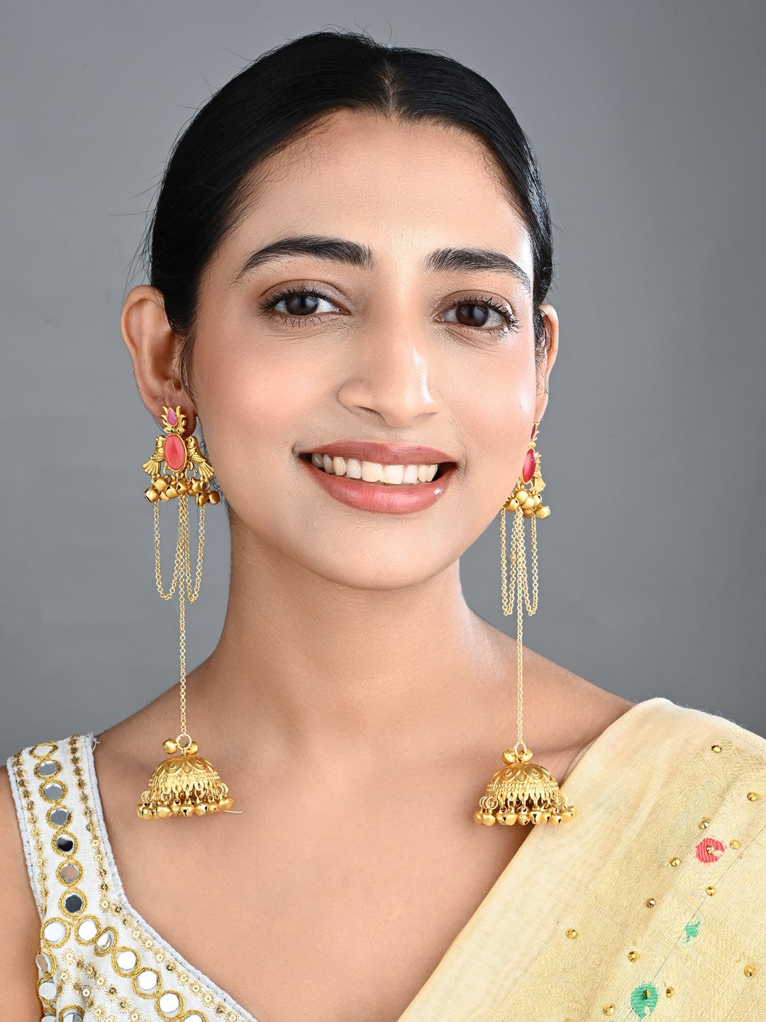 ruby Red Temple Jhumka Earrings with Chain Tassels