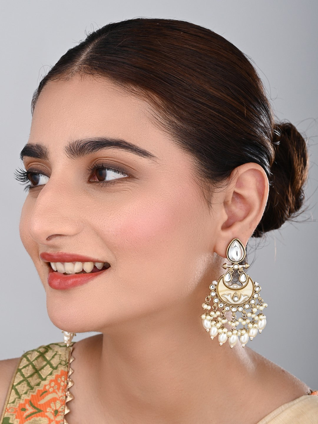 Gold-Plated Meenakari Chandbali Earrings with Kundan & Pearl Drops - White