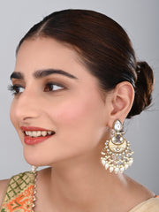 Gold-Plated Meenakari Chandbali Earrings with Kundan & Pearl Drops - White