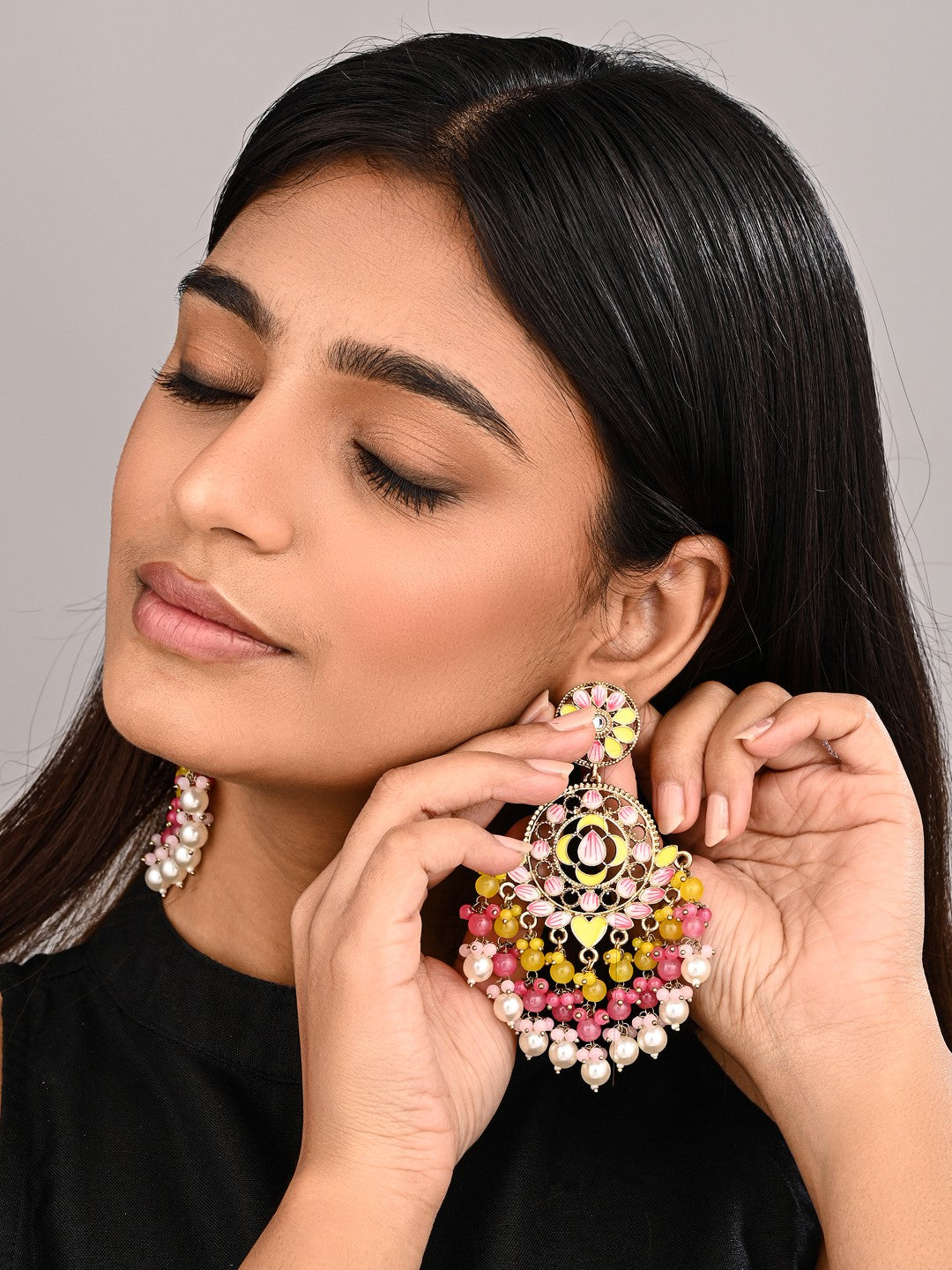 Vibrant Yellow & Pink Chandelier Pearl Drop Earrings