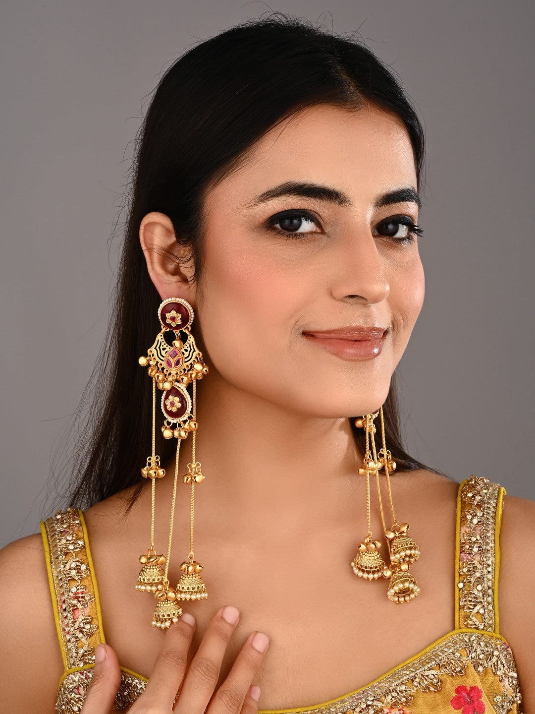 Red Long Kashmiri Earring with Jhumka Danglers